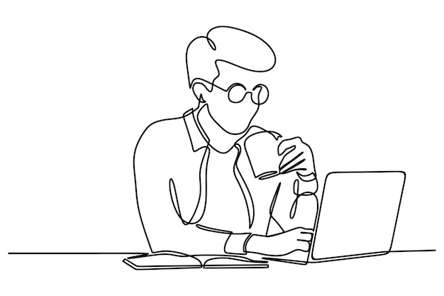 dibujo continuo de un hombre de negocios confiado usando una computadora portátil mientras bebe café