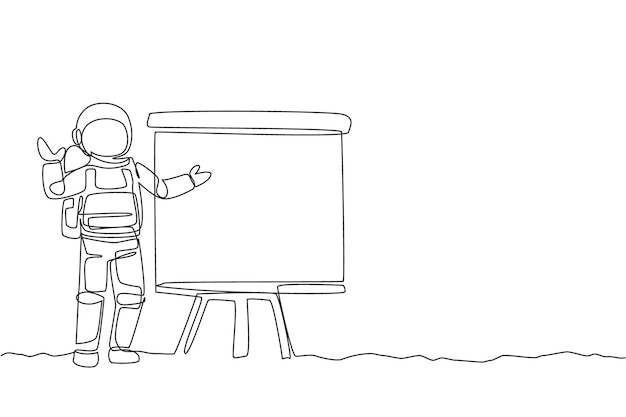 Un dibujo continuo de un joven astronauta en traje espacial dio una presentación de negocios en una reunión