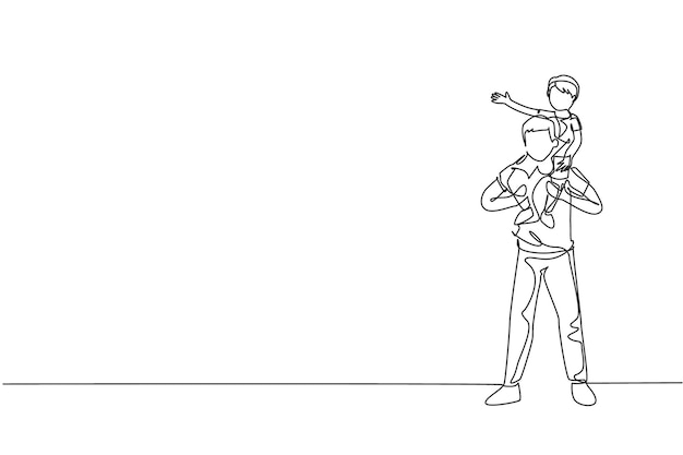Un dibujo continuo de un joven padre jugando y llevando a su alegre hijo en el hombro