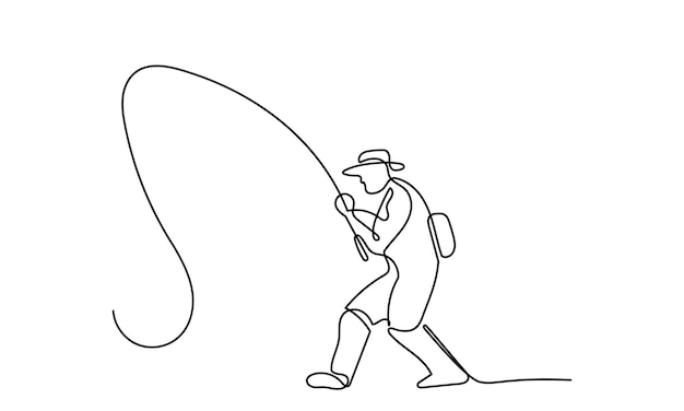 dibujo continuo de un joven pescador de pie en una línea hombre pescando desde la costa de un lago