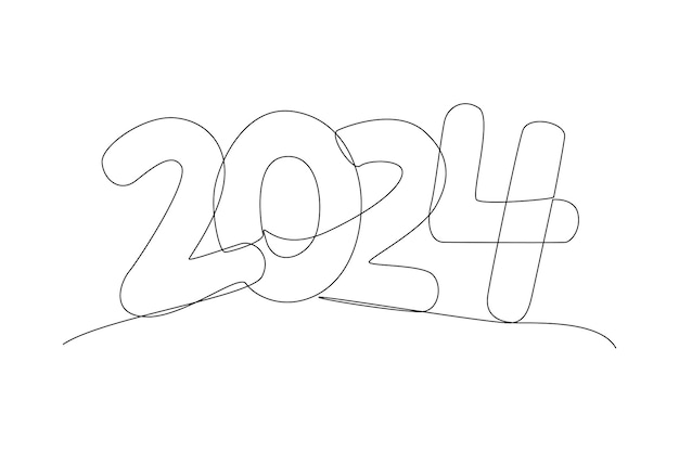 Dibujo continuo de una línea 2024 Feliz año nuevo diseño de texto del logotipo Ilustración vectorial de Doodle