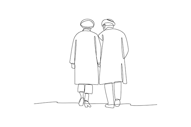 Dibujo continuo de una línea abuelos caminando juntos Concepto del día del abuelo