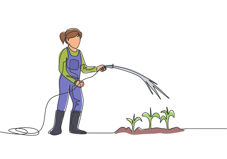 Vector dibujo continuo de una línea de una agricultora de pie en el campo mientras rega las plantas usando el vector de la manguera