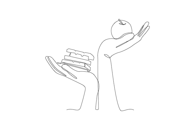 Dibujo continuo de una línea Alimentos saludables vs no saludables Concepto de nutrición de alimentos Ilustración vectorial