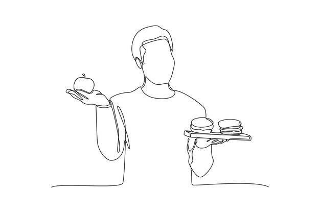 Dibujo continuo de una línea Alimentos saludables vs no saludables Concepto de nutrición de alimentos Ilustración vectorial
