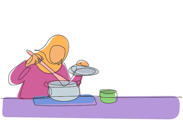 Dibujo continuo de una línea ama de casa árabe disfrutando del olor de la cocina de la olla cocinando en casa