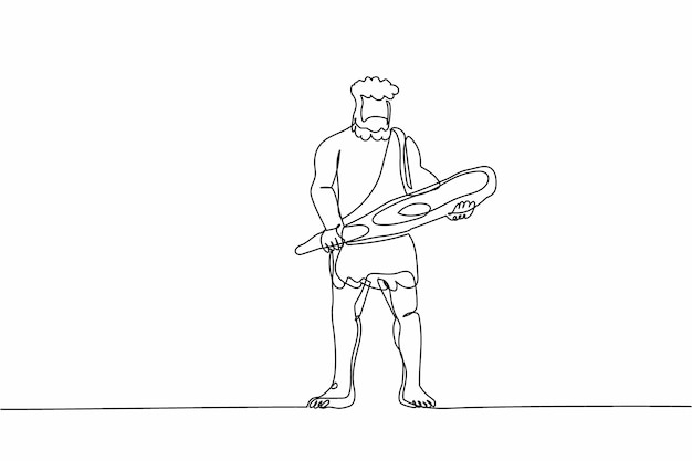 Dibujo continuo de una línea de un antiguo hombre de las cavernas sosteniendo un gran palo de madera o bastón diseño gráfico vectorial