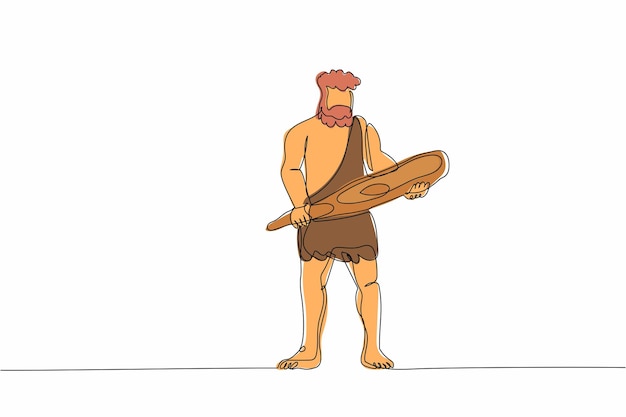 Dibujo continuo de una línea de un antiguo hombre de las cavernas sosteniendo un gran palo de madera o bastón diseño gráfico vectorial