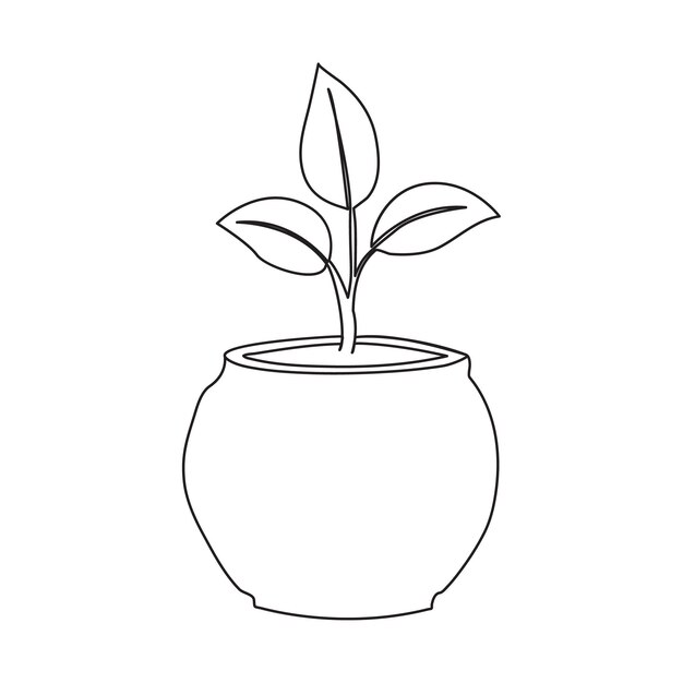 Dibujo continuo de una línea de un árbol de plantas caseras en una ilustración de arte vectorial de contorno de olla.