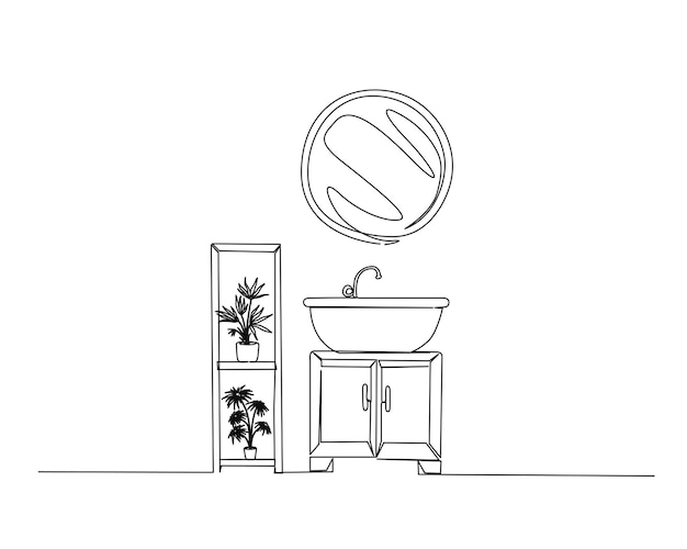 Dibujo continuo de una línea del armario del lavabo y de la planta de la casa