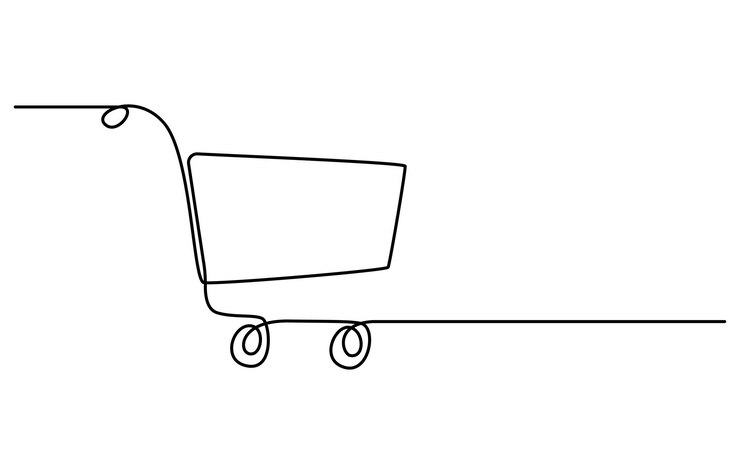 Vector dibujo continuo de una línea de arte carrito de compra compras en línea en la tienda carrito de compras
