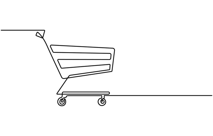 Vector dibujo continuo de una línea de arte carrito de compra compras en línea en la tienda carrito de compras