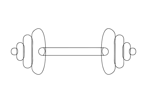 Dibujo continuo en una línea de un arte de fitness minimalista con barra