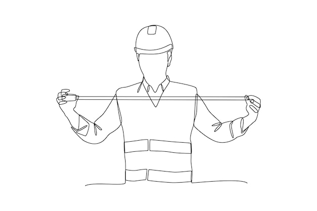 Dibujo continuo de una línea El artesano usa una cinta métrica para medir Trabajador de la construcción en uniforme y casco haciendo trabajo Concepto de constructor Servicios de trabajo de reparación Diseño de dibujo de una sola línea