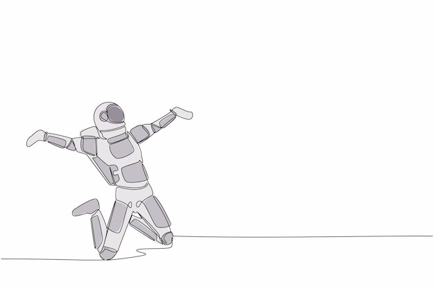 Dibujo continuo de una línea de un astronauta feliz sentado en el lugar de trabajo con las manos levantadas vector de diseño