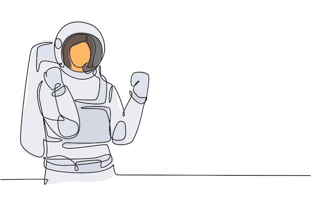 Dibujo continuo de una línea astronauta femenina con gesto de celebración usando un gráfico vectorial de traje espacial