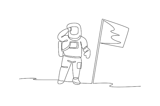 Dibujo continuo de una línea de un astronauta de pie junto a una bandera en la luna Profesión de trabajo profesional concepto minimalista Diseño de dibujo de línea única Ilustración gráfica vectorial