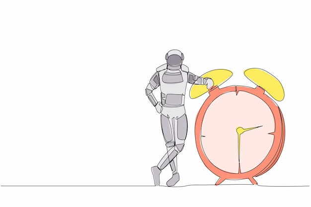 Un dibujo continuo de una línea de un astronauta sentado en una silla y escribiendo en el clipboard. Ilustración vectorial
