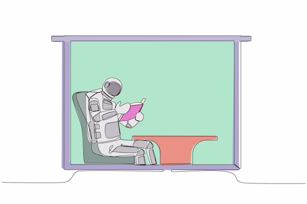 Dibujo continuo de una línea de un astronauta sentado en una silla y leyendo un libro en la superficie de la luna