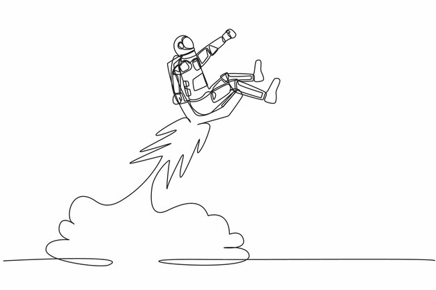 Dibujo continuo de una línea del astronauta en silla de montar del cohete volando en la superficie de la luna vector de diseño