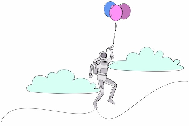 Dibujo continuo de una línea de un astronauta volando con un globo de aire Ilustración de la independencia del viaje