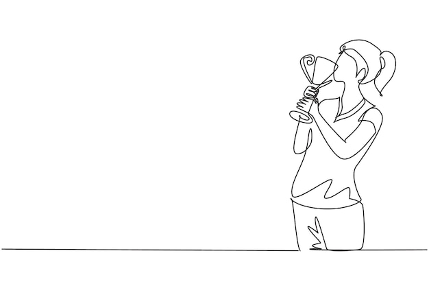 Dibujo continuo de una línea de una atleta llevando una camiseta besando el trofeo después de ganar los deportes mundiales