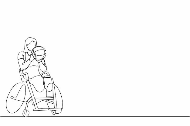 Dibujo continuo de una línea atleta en silla de ruedas jugando al baloncesto Mujer entrenando para un torneo
