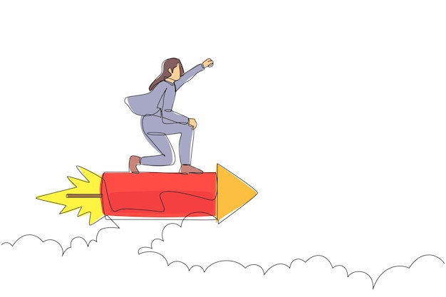 Dibujo continuo de una línea de una atractiva mujer de negocios volando en un cohete de fuegos artificiales