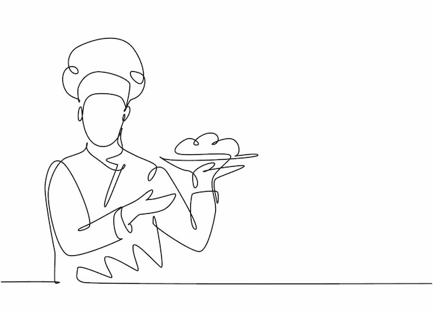 Dibujo continuo de una línea de un atractivo chef masculino sosteniendo la bandeja de comida del plato principal y listo para servir