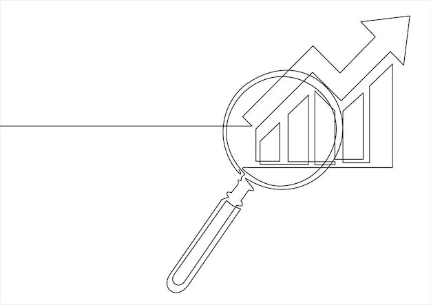 Vector dibujo continuo de una línea de aumento de flechas gráfico de barras y lupa