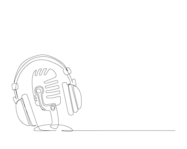 Dibujo continuo de una línea de auriculares y micrófono vintage
