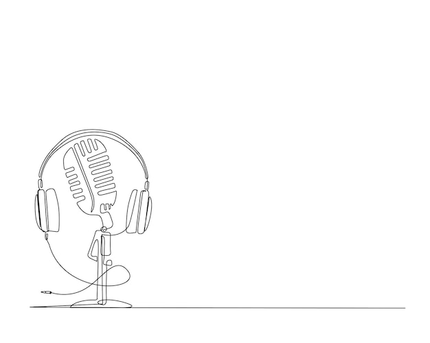 Dibujo continuo de una línea de auriculares y micrófono vintage
