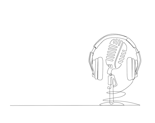 Dibujo continuo de una línea de auriculares y micrófono vintage