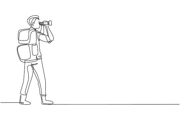 Dibujo continuo de una línea aventurero masculino llevando mochila Exploración de paisajes montañosos