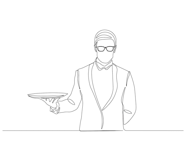 Dibujo continuo de una línea de la bandeja de soporte del camarero Ilustración de un dibujo de una línea del camarero trabajando En un restaurante, en un bar y en una cafetería