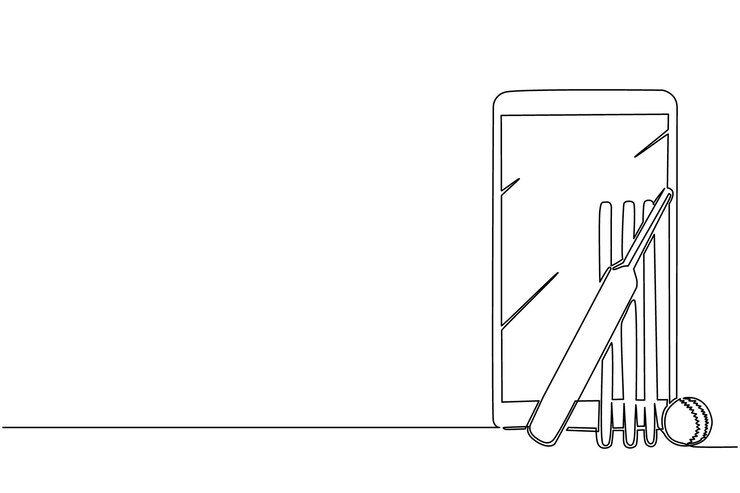 Vector un dibujo continuo de una línea de bolas de cricket y troncos de wicket con teléfonos inteligentes juegos de cricket en línea