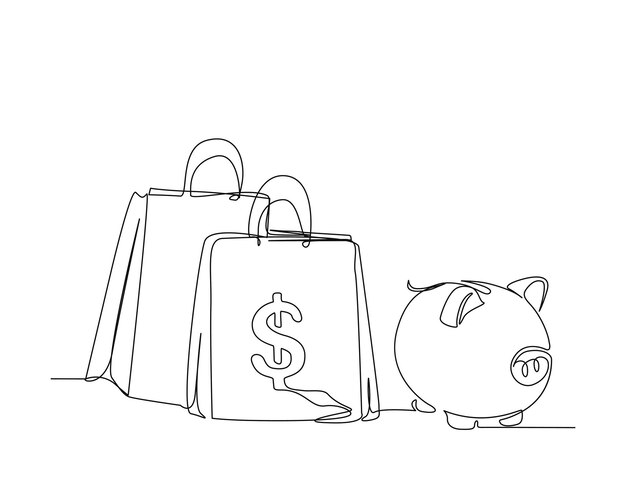 Dibujo continuo de una línea de bolsa de compras con símbolo de dólar