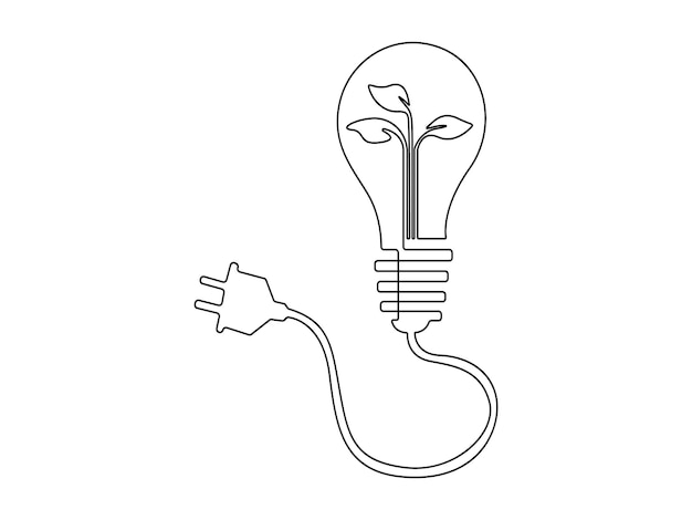 Dibujo continuo de una línea de una bombilla con ilustración vectorial de energía verde del concepto de planta