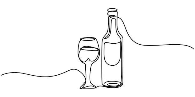 Dibujo continuo de una línea de botella de champán y vasos Ilustración vectorial de línea continua