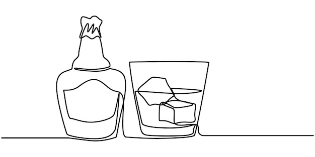 Dibujo continuo de una línea Botella y vaso de whisky con hielo Ilustración vectorial Conjunto de whisky