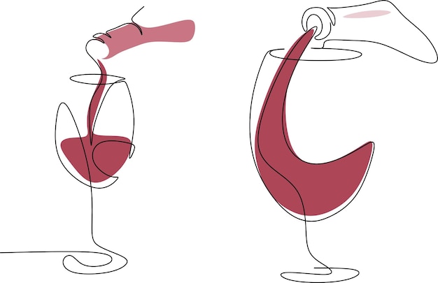 Dibujo continuo de una línea. Una botella de vino con copa y uvas
