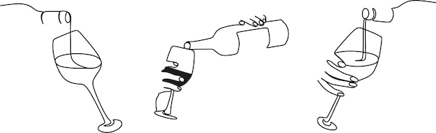 Dibujo continuo de una línea. Una botella de vino con copa y uvas