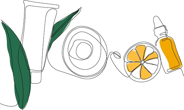 Dibujo continuo de una línea de botellas con aceite o miel o jugo de limón o lima para fregar y