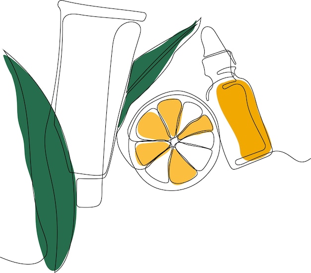 Dibujo continuo de una línea de botellas con aceite o miel o jugo de limón o lima para fregar y