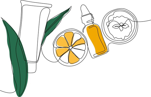 Dibujo continuo de una línea de botellas con aceite o miel o jugo de limón o lima para fregar y