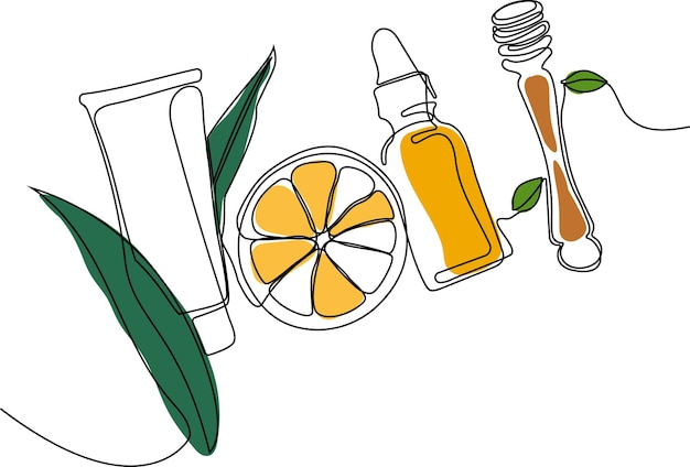 Dibujo continuo de una línea de botellas con aceite o miel o jugo de limón o lima para fregar y