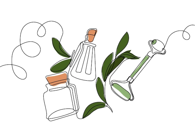 Vector dibujo continuo de una línea de botellas con aceite o miel o jugo de limón o lima para fregar