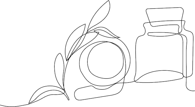 Dibujo continuo de una línea de botellas con aceite o miel o jugo de limón o lima para fregar y