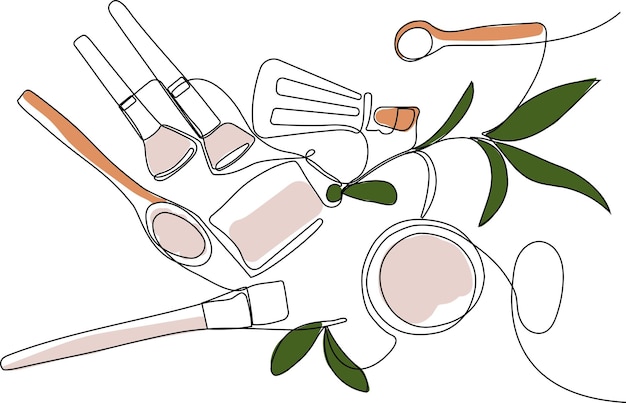 Dibujo continuo de una línea de botellas con aceite o miel o jugo de limón o lima para fregar y