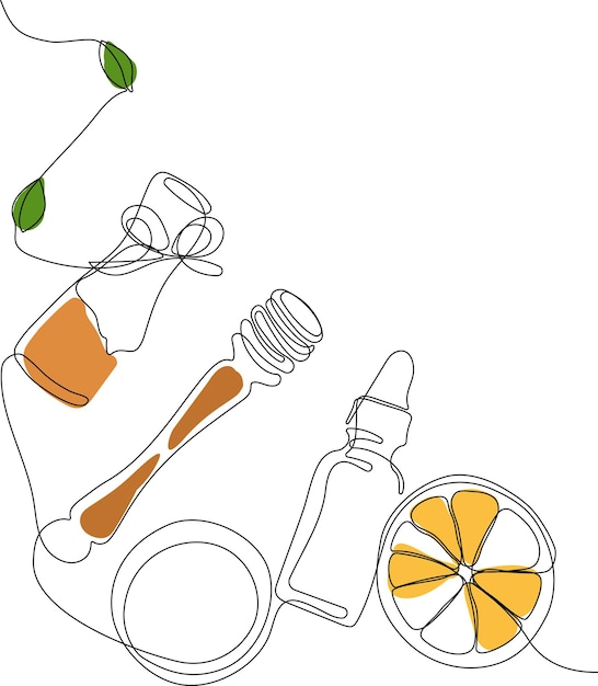 Dibujo continuo de una línea de botellas con aceite o miel o jugo de limón o lima para fregar y